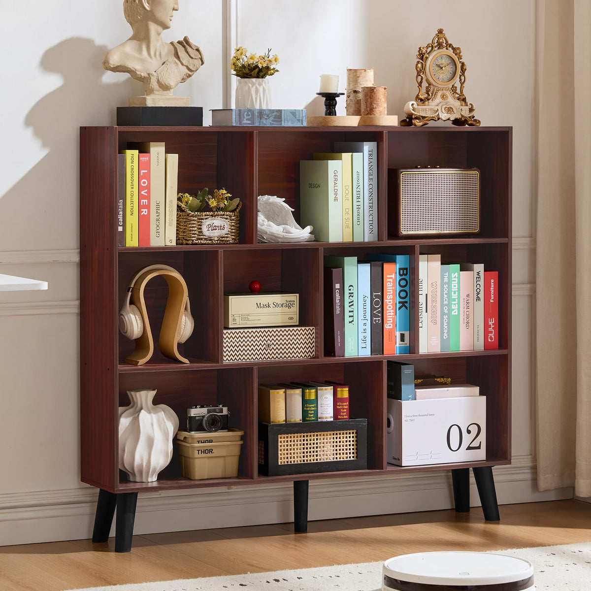 LEYAOYAO Cube Bookshelf, Mid-Century Modern Book Shelf with Legs, Brown
