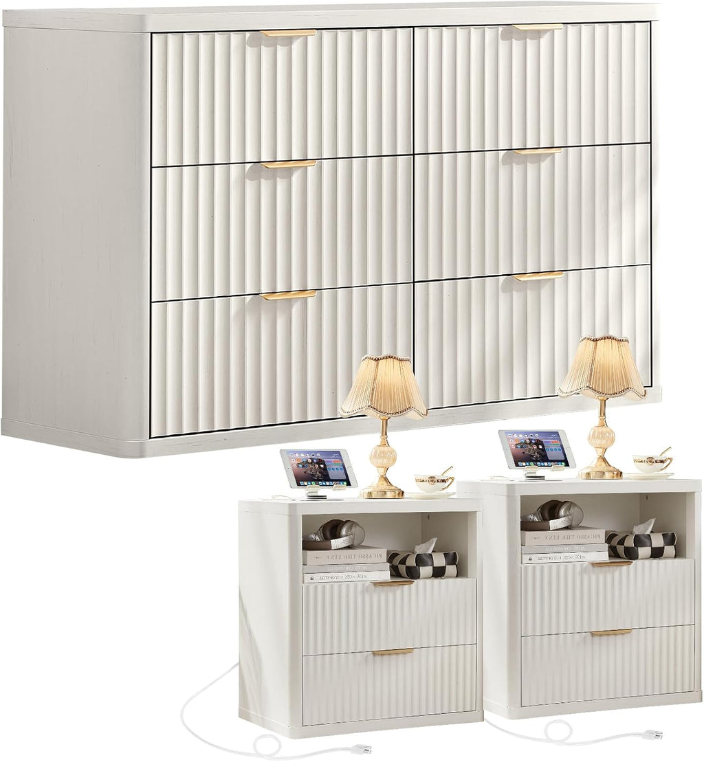 LEYAOYAO Fluted Dresser and 2 Drawers Nightstand Set of 2, Wood 48" Wide Dresser & 23" Night Stand with Charging Station, 3 Piece Bedroom Furniture Set, Chest of Drawers for Living Room,Antique White