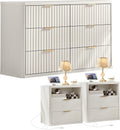 LEYAOYAO Fluted Dresser and 2 Drawers Nightstand Set of 2, Wood 48" Wide Dresser & 23" Night Stand with Charging Station, 3 Piece Bedroom Furniture Set, Chest of Drawers for Living Room,Antique White