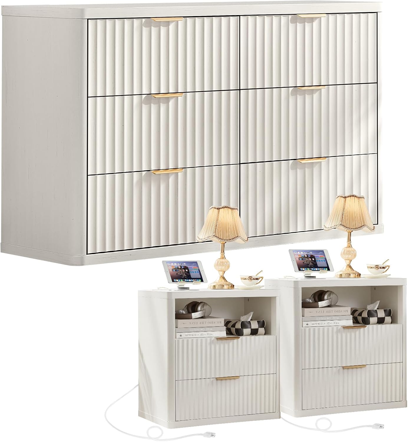 LEYAOYAO Fluted Dresser and 2 Drawers Nightstand Set of 2, Wood 48" Wide Dresser & 23" Night Stand with Charging Station, 3 Piece Bedroom Furniture Set, Chest of Drawers for Living Room,Antique White