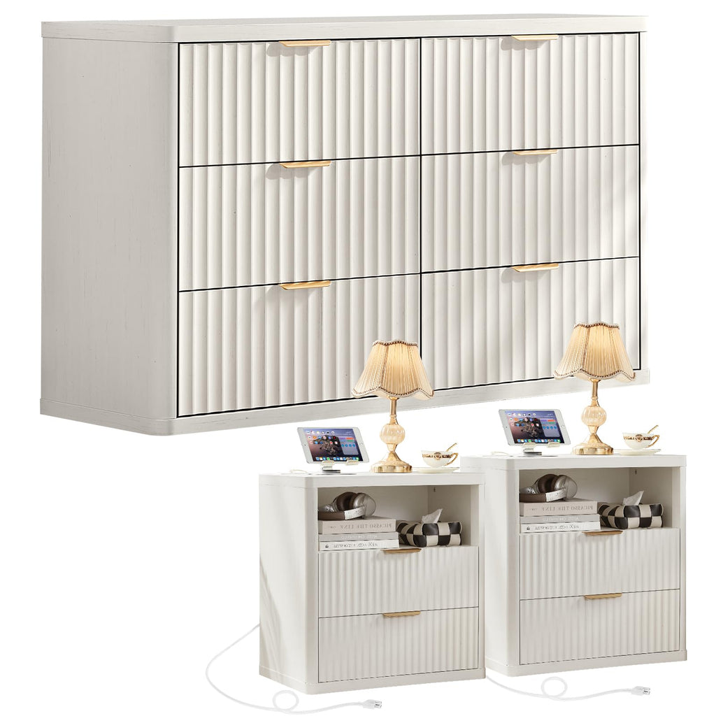 LEYAOYAO Fluted Dresser and 2 Drawers Nightstand Set of 2, Wood 48" Wide Dresser & 23" Night Stand with Charging Station, 3 Piece Bedroom Furniture Set, Chest of Drawers for Living Room,Antique White