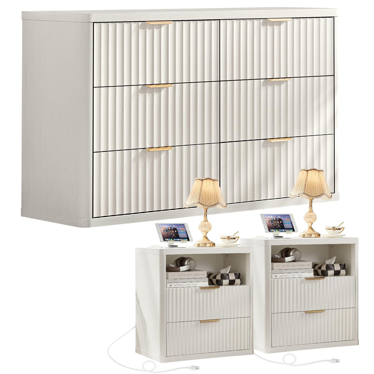 LEYAOYAO Fluted Dresser and 2 Drawers Nightstand Set of 2, Wood 48" Wide Dresser & 23" Night Stand with Charging Station, 3 Piece Bedroom Furniture Set, Chest of Drawers for Living Room,Antique White