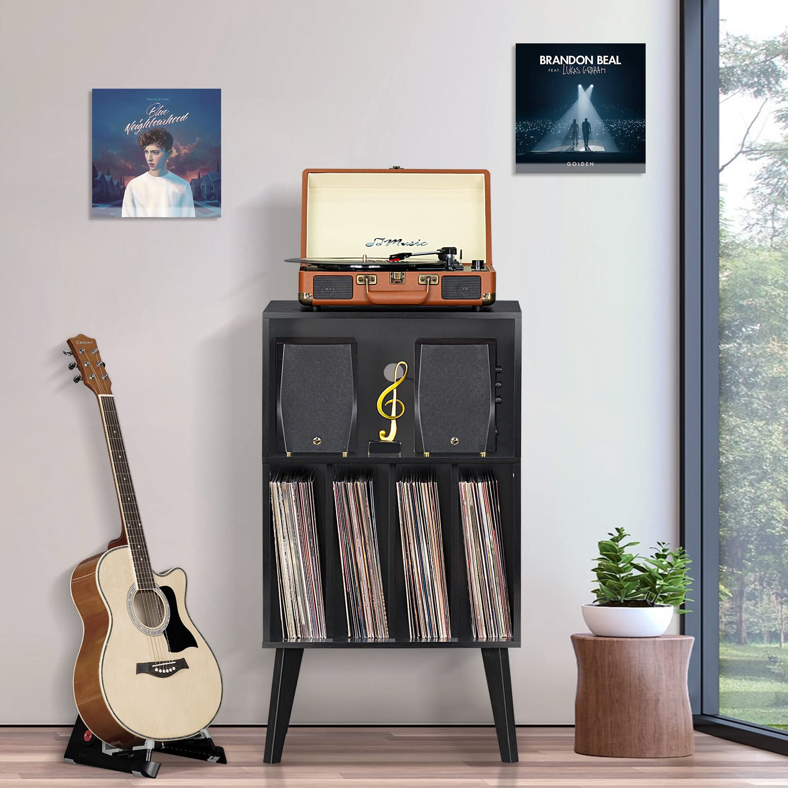 Lerliuo Record Player Stand, Walnut Turntable Stand Holds up to 160 Albums