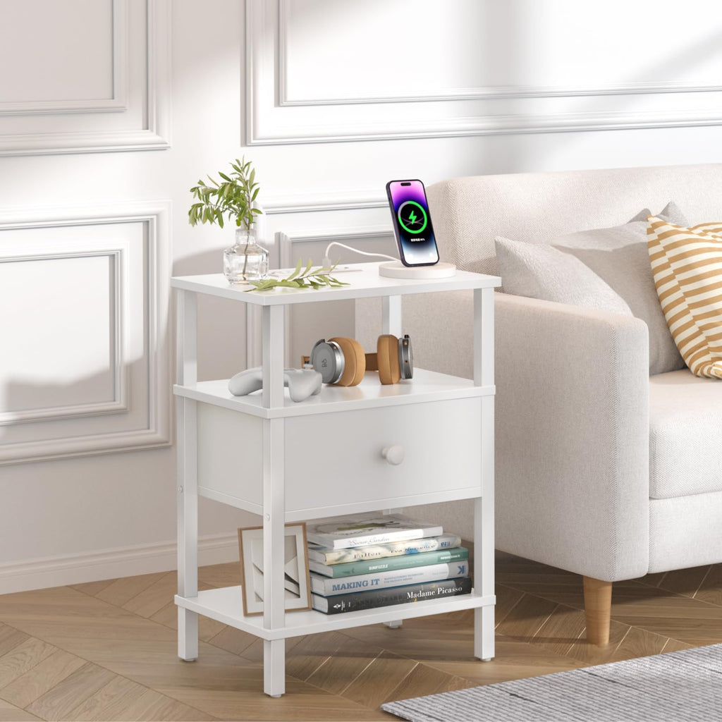 Lerliuo Nightstand with Charging Station and USB Ports, 3-Tier Storage End Table with Drawer Shelf, Night Stand for Small Spaces, Wood Bedside Table for Living Room, Bedroom - Retro Brown…