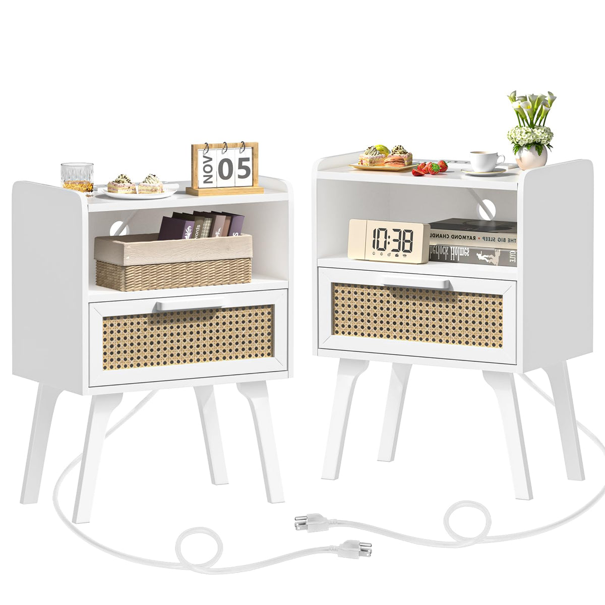 Lerliuo Rattan Nightstand with Charging Station, Boho Night Stand
