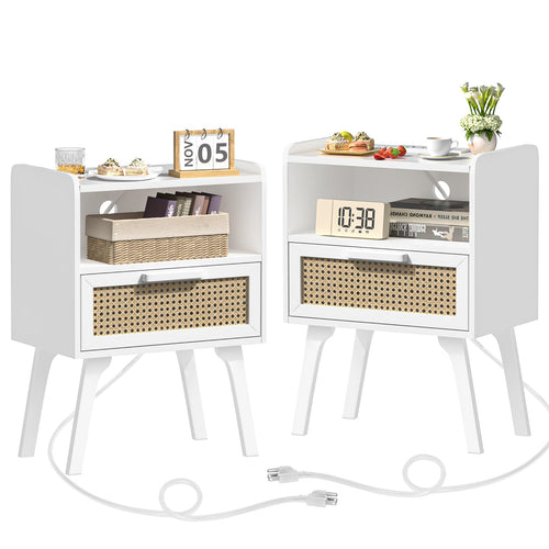 Lerliuo Rattan Nightstand with Charging Station, Boho Night Stand