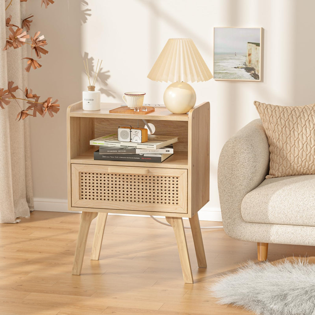Lerliuo Rattan Nightstand, Boho Side Table with Drawer Open Shelf