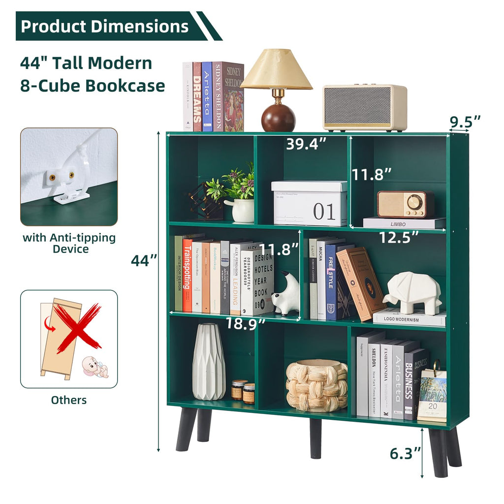 LEYAOYAO 7 Cube Bookshelf, Mid-Century Modern Bookcase Legs,Black Wooden Book Shelves, Wood 3-Tier Freestanding Storage Organizer Display Shelf for Bedroom,Living Room,Office