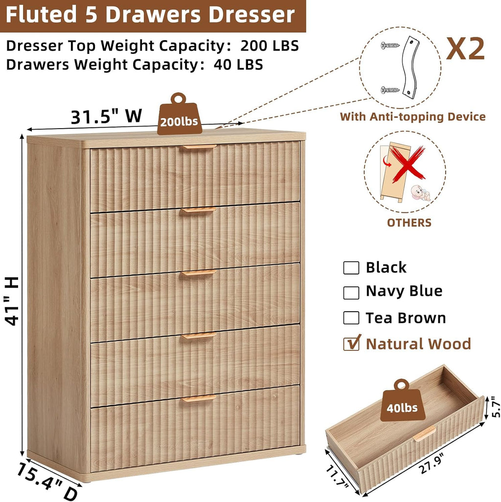 LEYAOYAO 23" Wide Fluted Night Stand with Charging Station, 3 Drawers Large End Table with Storage, Natural Nightstand Wood Bedside Tables, Farmhouse Cabinet Dresser for Bedroom, Closet