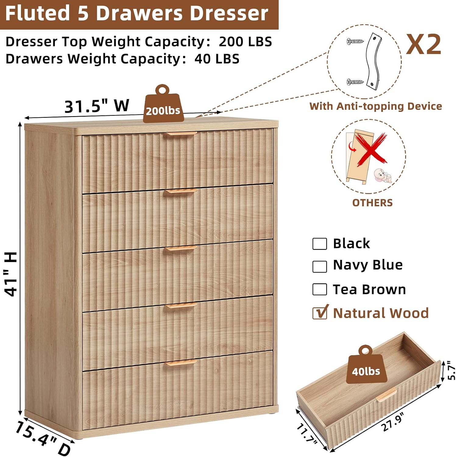 LEYAOYAO 23" Wide Fluted Night Stand with Charging Station, 3 Drawers Large End Table with Storage, Natural Nightstand Wood Bedside Tables, Farmhouse Cabinet Dresser for Bedroom, Closet