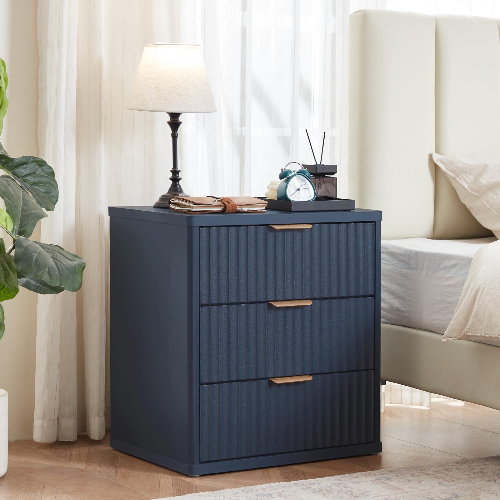 LEYAOYAO Fluted Lift Top Coffee Table and Nightstand Set,Wood 48" Wide Center Tables & 23" Night Stand with 3 Drawers,Farmhouse Living Room Suites for Bedroom Home Living Room Hallway,Blue