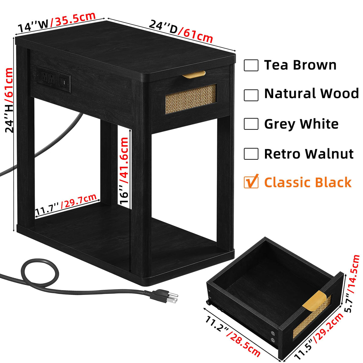 LEYAOYAO Narrow Side Table with Charging Station, Rattan 24 x 14''