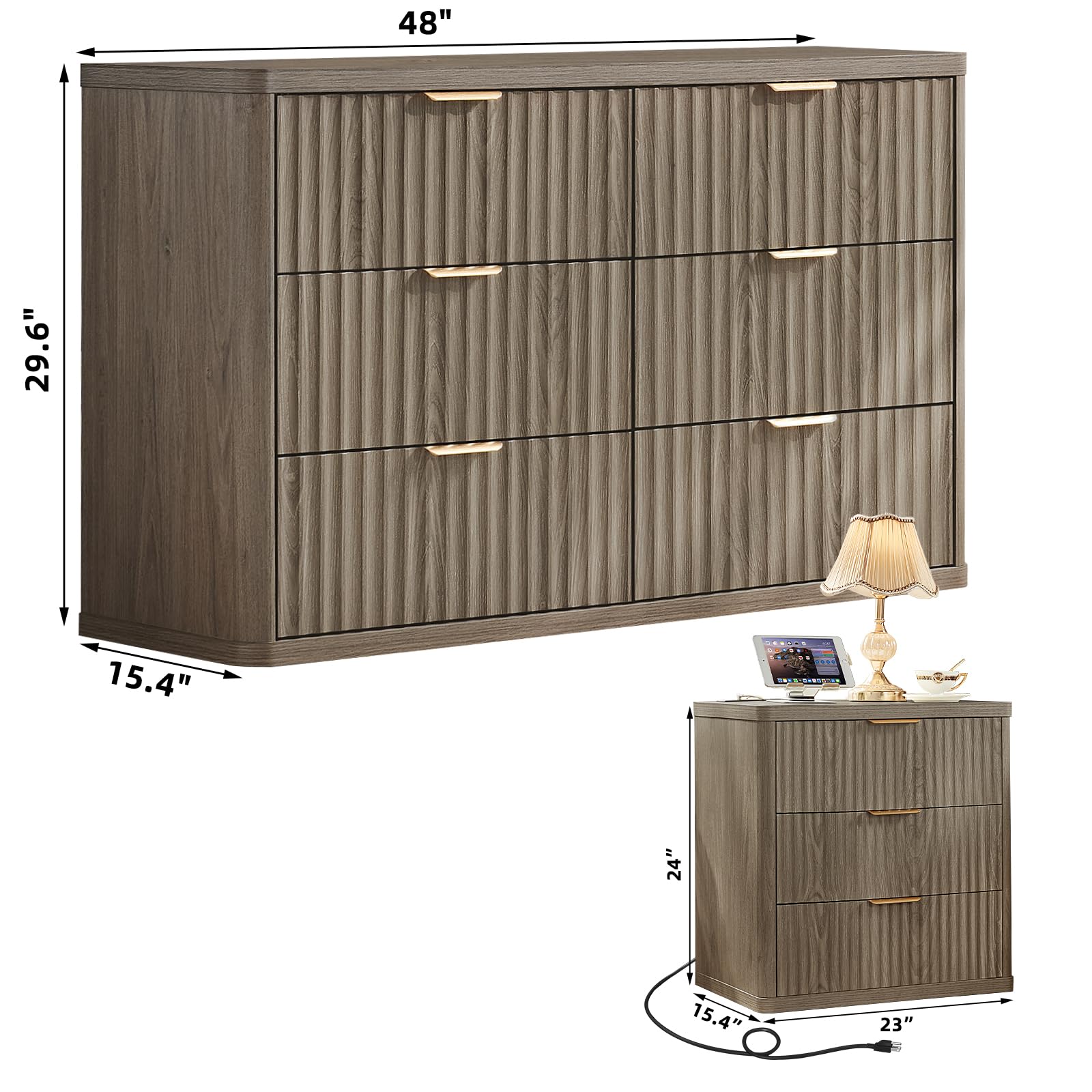 LEYAOYAO Fluted Dresser and Nightstand Sets, Wood 48" Wide Dresser & 23" Night Stand with Charging Station, 2 Piece Bedroom Furniture Set, Chest of Drawers for Bedroom,Living Room, Antique White