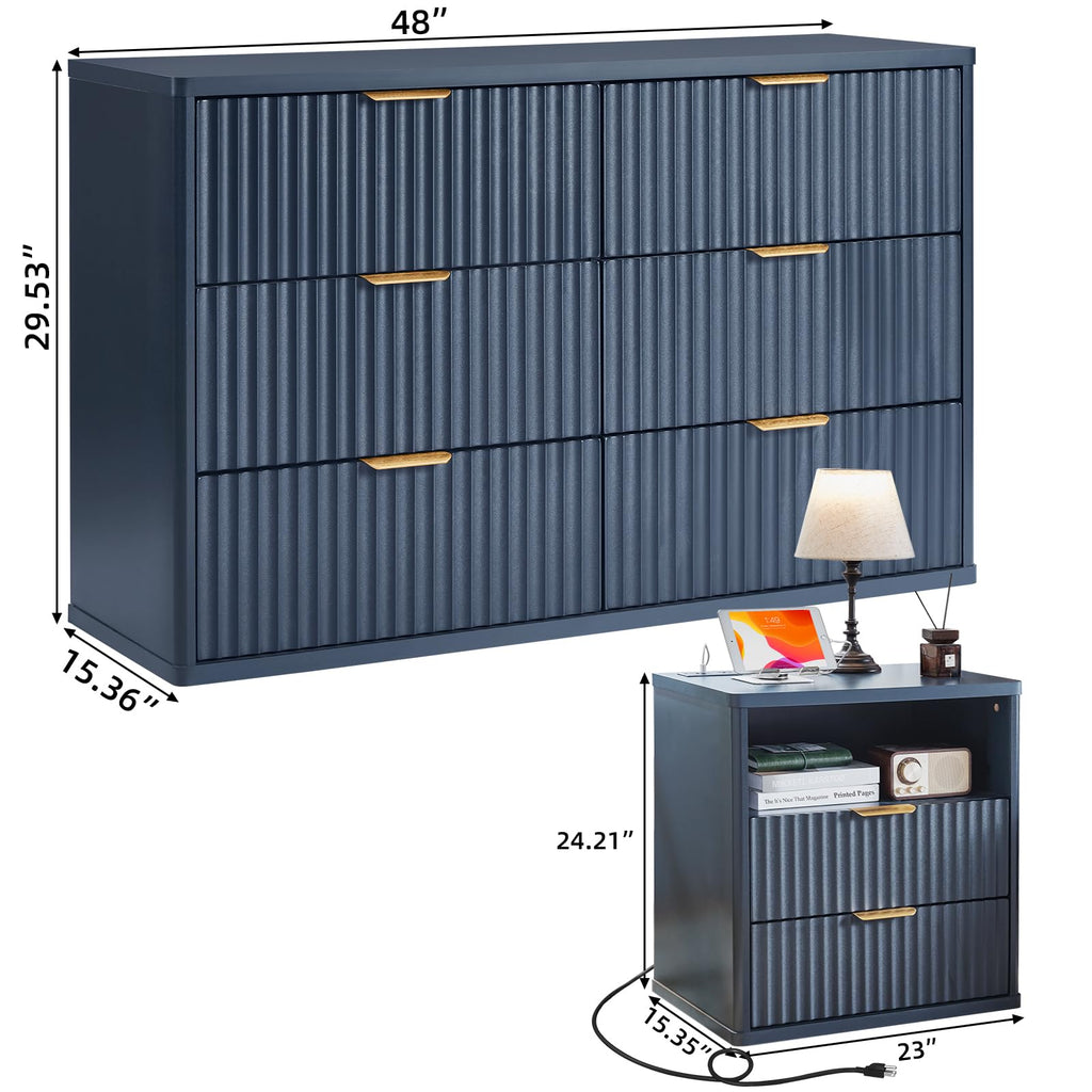 LEYAOYAO Fluted Dresser and 2 Drawers Nightstand Set of 2, Wood 48" Wide Dresser & 23" Night Stand with Charging Station, 3 Piece Bedroom Furniture Set, Chest of Drawers for Living Room,Antique White