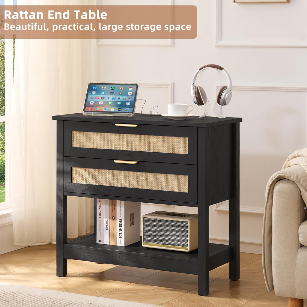 LEYAOYAO 26.8" Wide Rattan Nightstands Set of 2, Large Boho Night Stand