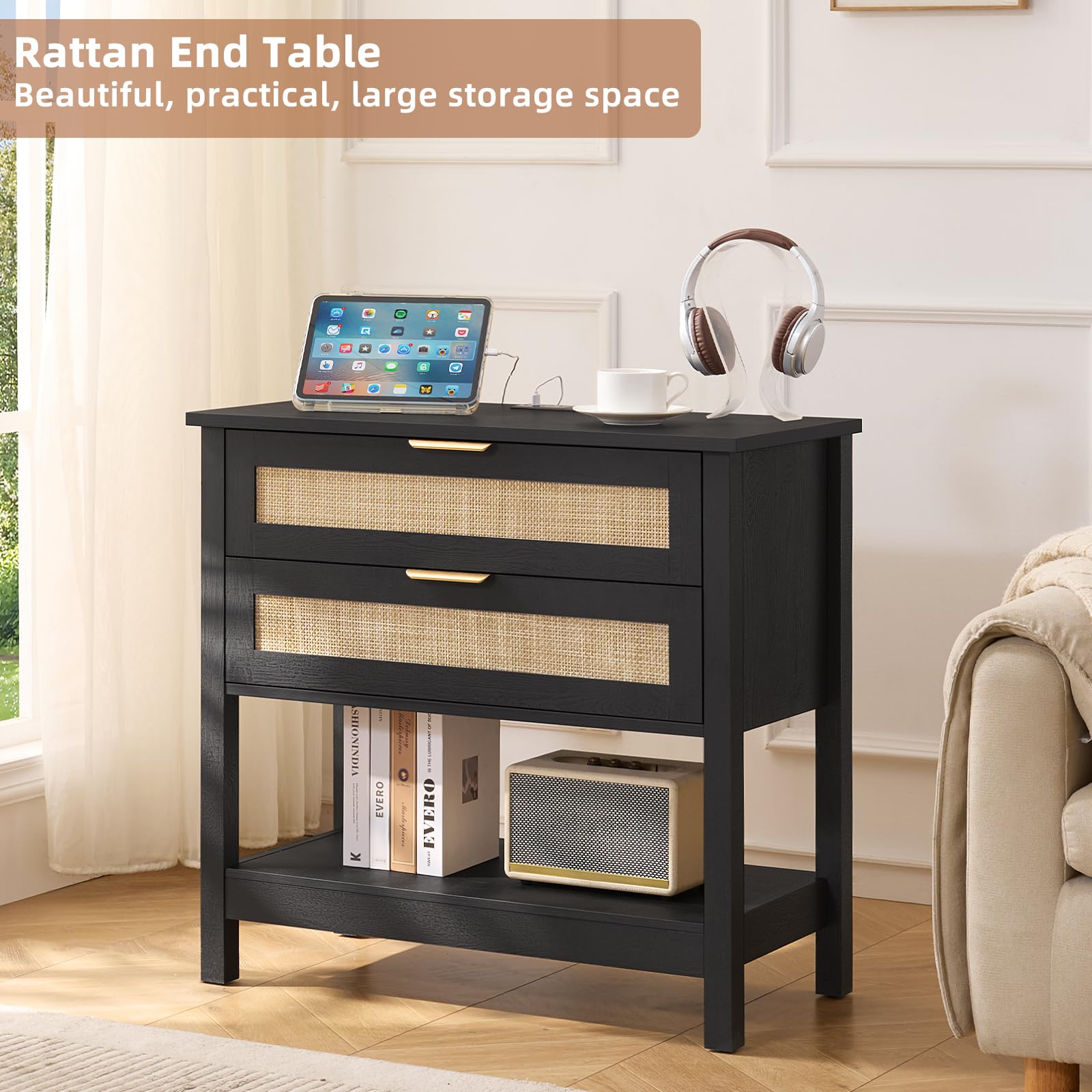LEYAOYAO 26.8" Wide Rattan Nightstands Set of 2, Large Boho Night Stand