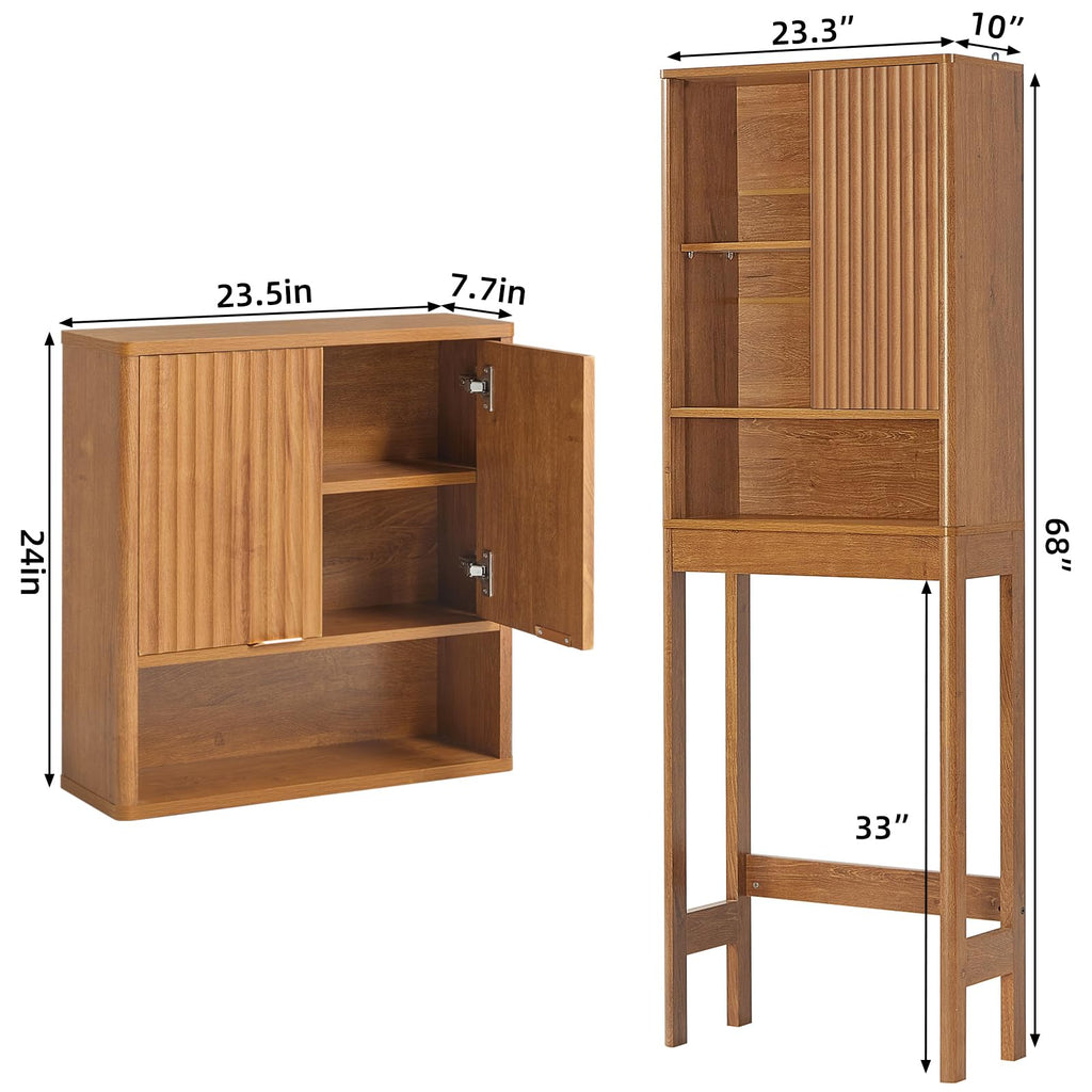 LEYAOYAO Fluted Over The Toilet Storage Cabinet & Bathroom Wall Cabinet Set of 2, Farmhouse Above Toilet Organizer, Medicine Cabinet w/Adjustable Shelf & Doors for Laundry Living Room Kitchen(Black)
