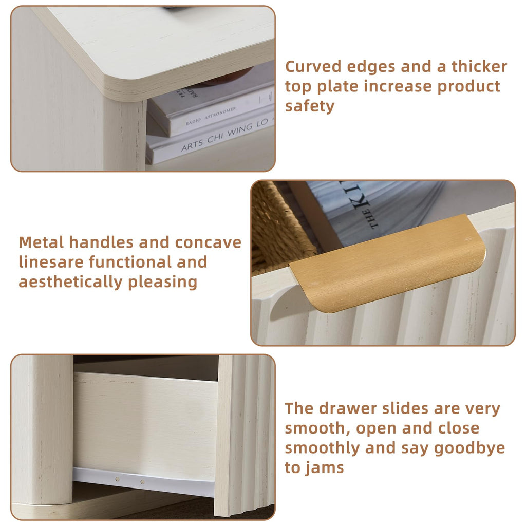 LEYAOYAO 31" Wide Fluted Nightstand with Charging Station, Oversized Extra Large 1 Drawer Night Stand with Golden Handle, Antique White Bedside Table Tall End Tables,for Bedroom, Living Room, Hallway