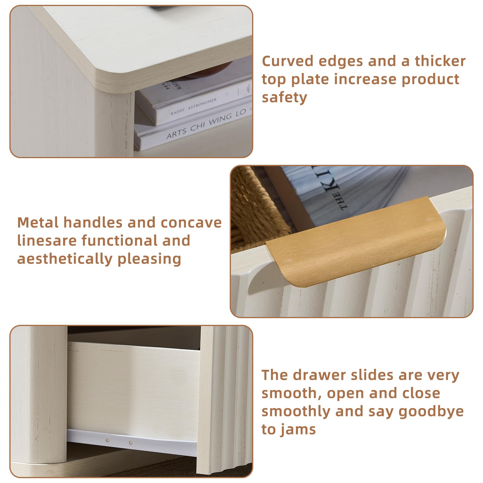 LEYAOYAO 31" Wide Fluted Nightstand with Charging Station, Oversized Extra Large 1 Drawer Night Stand with Golden Handle, Antique White Bedside Table Tall End Tables,for Bedroom, Living Room, Hallway