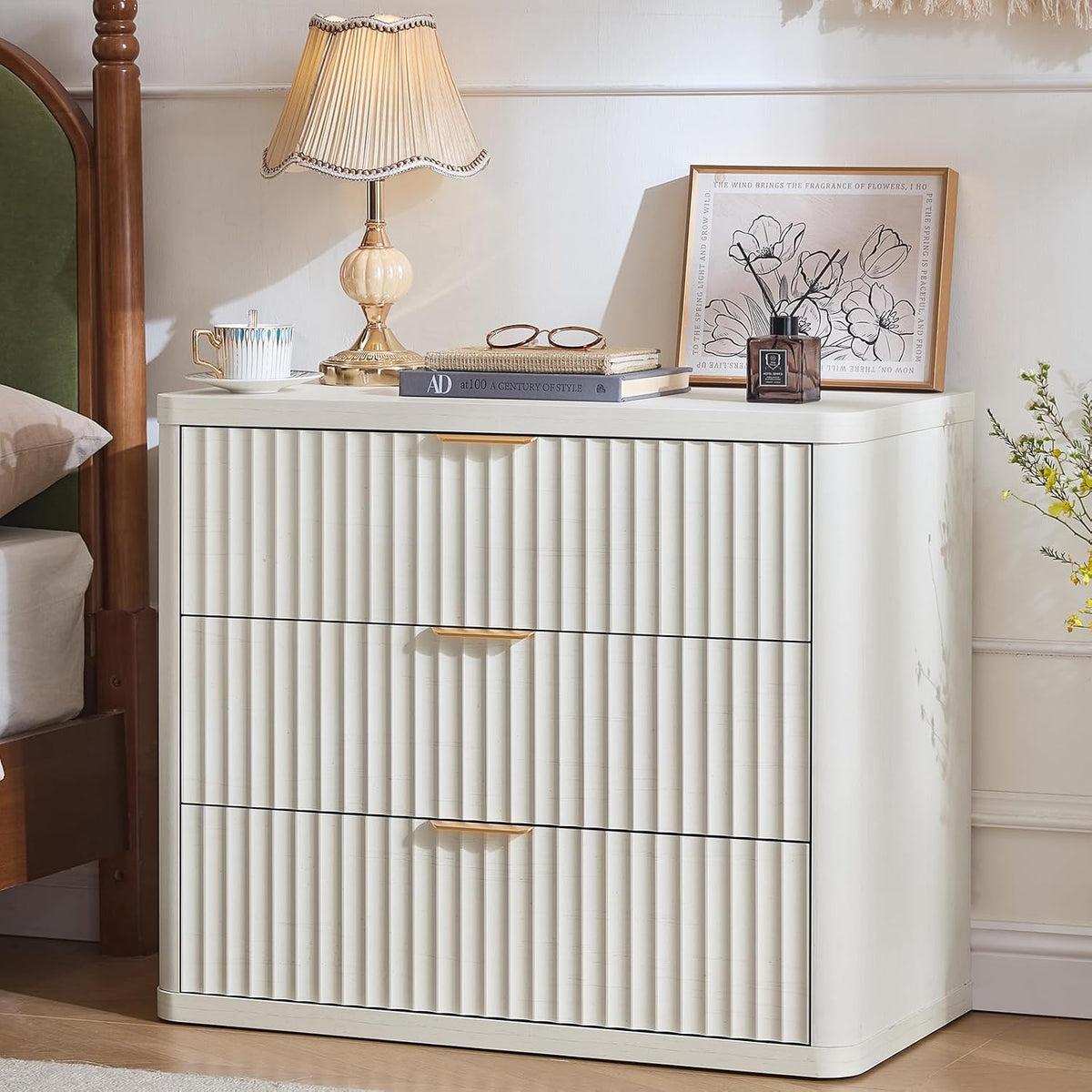 LEYAOYAO 31.5" Wide Fluted Nightstand, Oversized Night Stand, Antique White