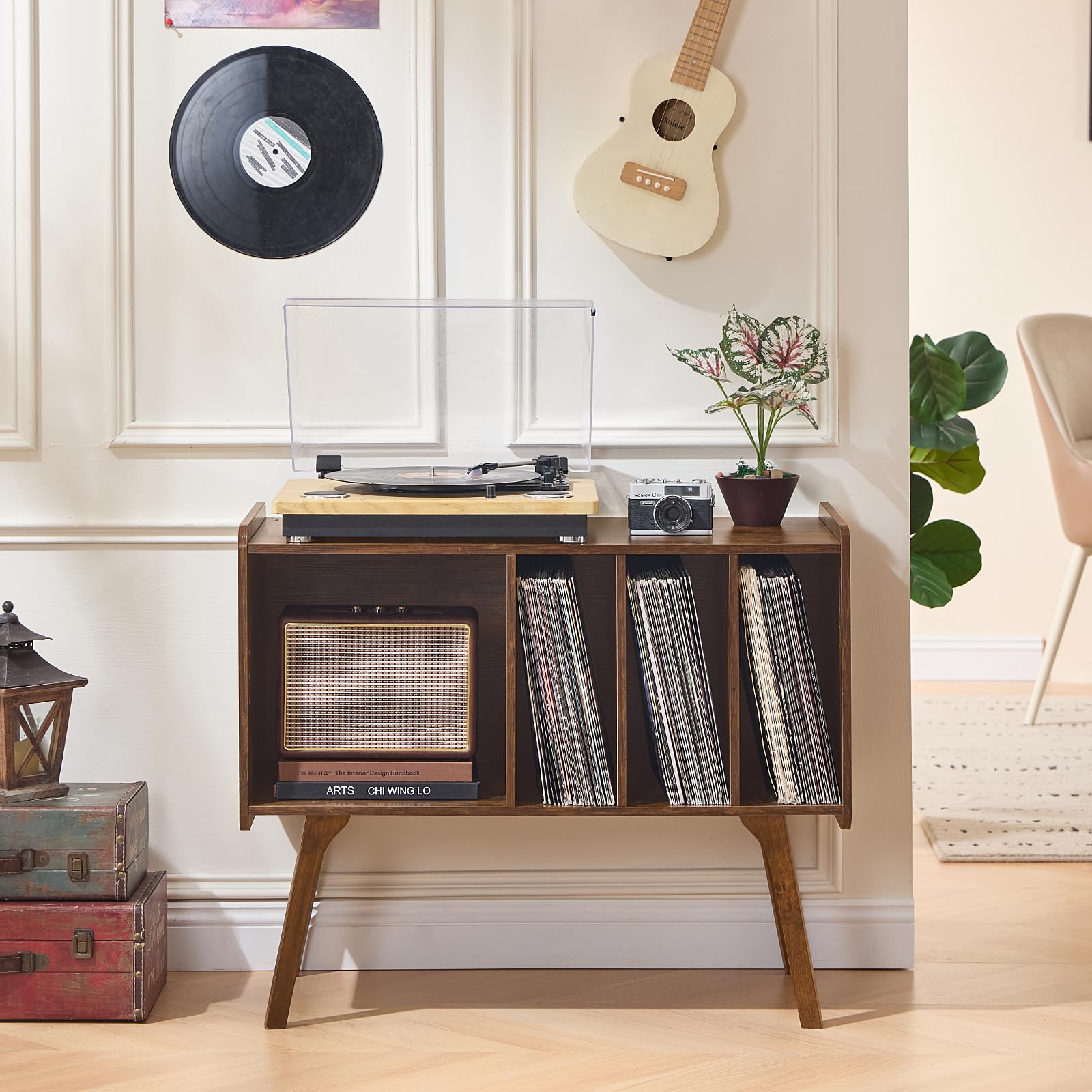 Lerliuo Record Player Stand with 4 Cabinet Holds Up to 220 Albums,Oak