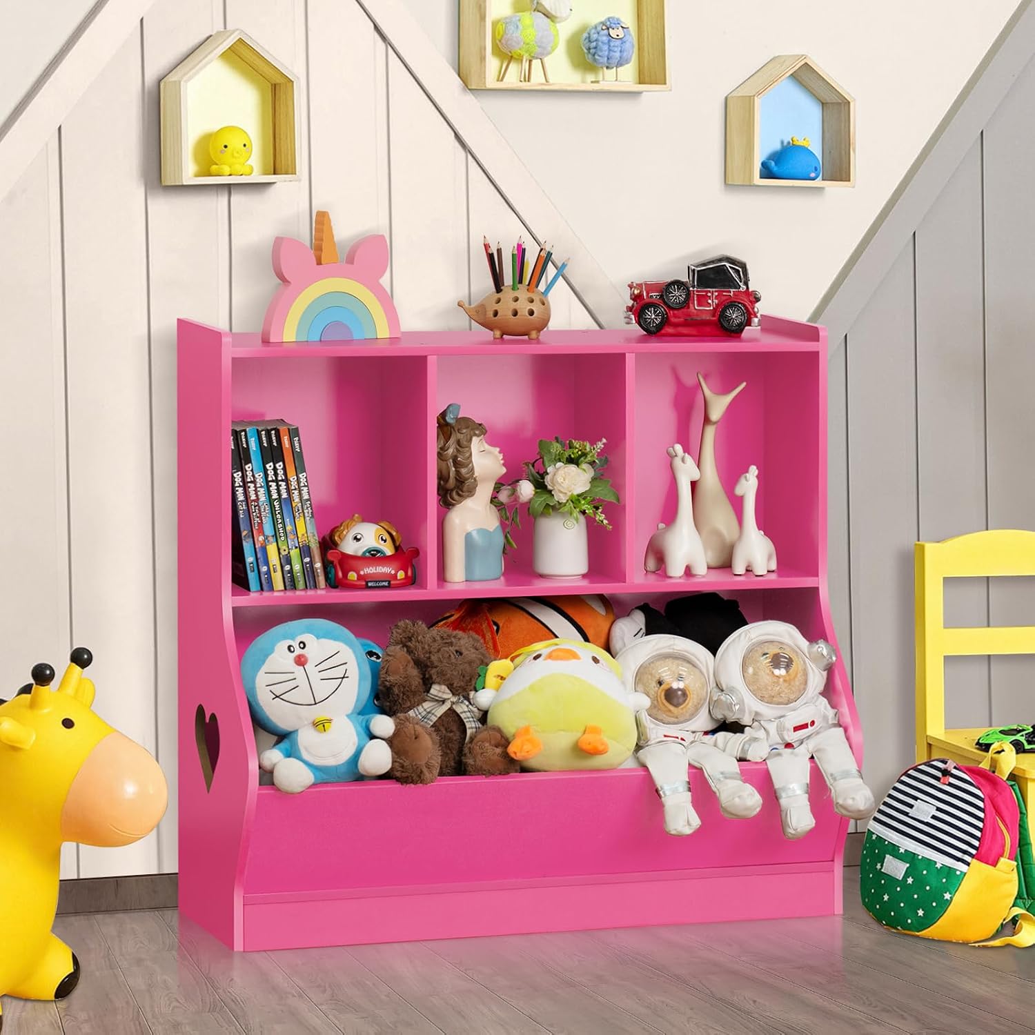 Lerliuo Kids Toy Storage Organizer, Children Small Bookcase and Bookshelf, Toddler 4 Cubby Toy Storage Cabinet, Toy Shelf for Playroom, Bedroom, Living Room, Nursery, School 29.53'' H (Pink)