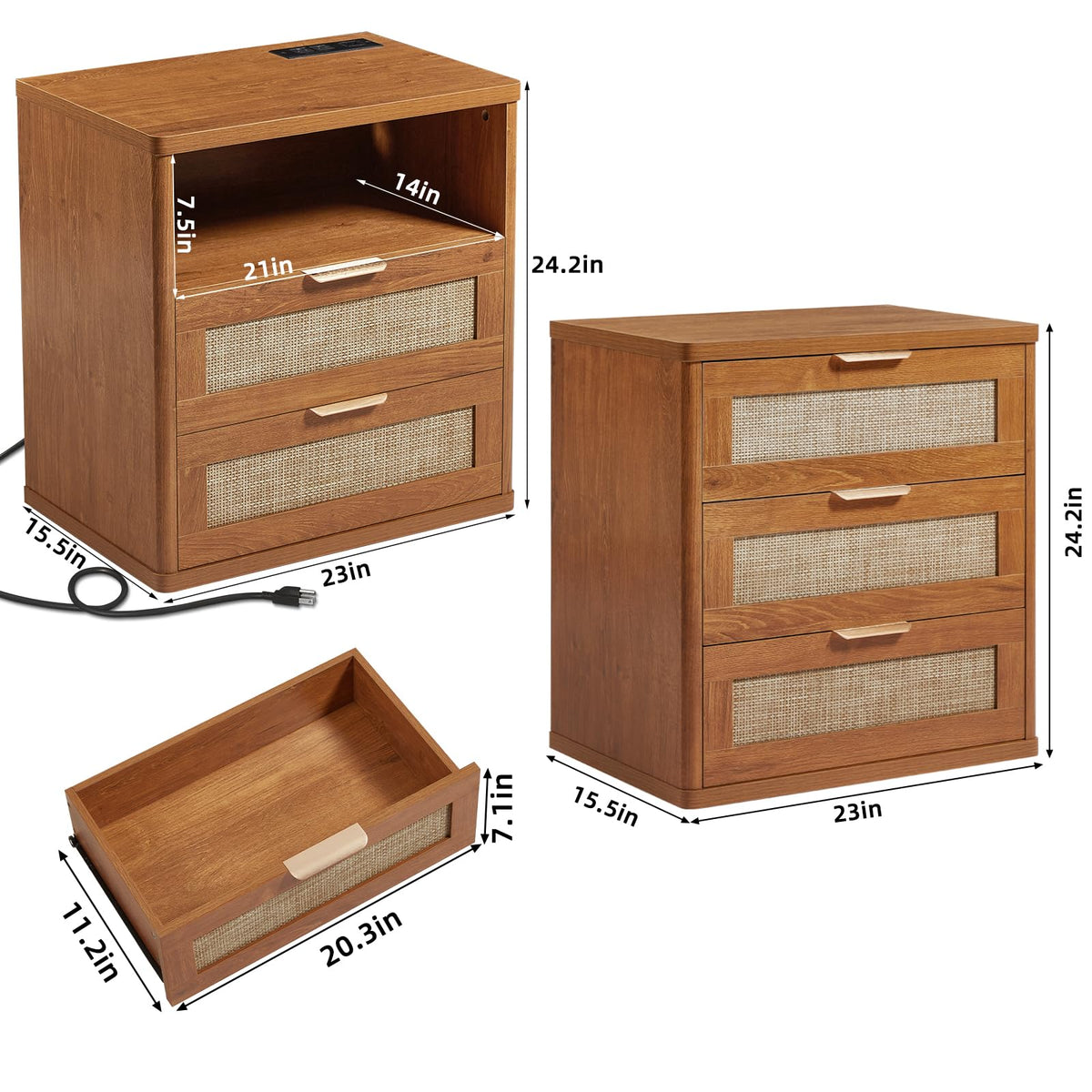 LEYAOYAO Rattan Nightstand Set of 2 with Charging Station, 1 & 2 Drawers Boho Night Stand Dresser for Bedroom, Natural Wood Bedside Table Open Storage Cabinet, Bed Side End Tables, Living Room,Hallway