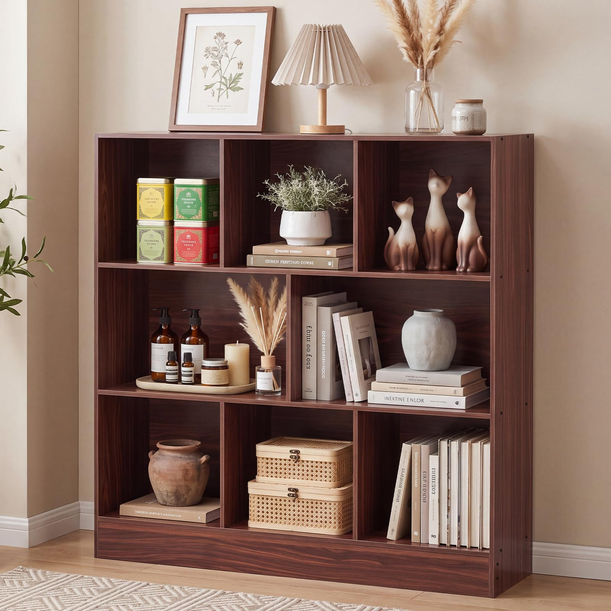 LEYAOYAO 7 Cube Bookshelf with Base,3 Tier Mid-Century Modern Blue Bookcase,Standing Wide Bookshelves Storage Organizer Shelf,Rustic Wood Display Cabinet Book Shelves for Bedroom,Living Room,Office