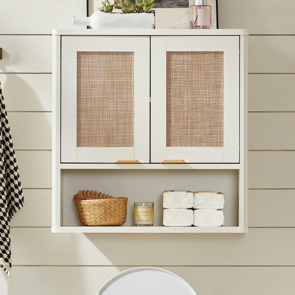 Lerliuo Rattan Bathroom Wall Cabinet, Boho Natural Medicine Cabinet with Adjustable Wood Shelf, 2 Doors Over The Toilet Storage Cabinets for Laundry Room, Kitchen, Living Room