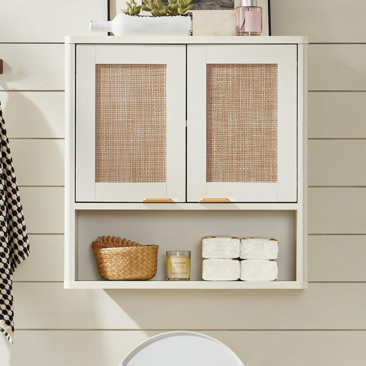 Lerliuo Rattan Bathroom Wall Cabinet, Boho Natural Medicine Cabinet with Adjustable Wood Shelf, 2 Doors Over The Toilet Storage Cabinets for Laundry Room, Kitchen, Living Room