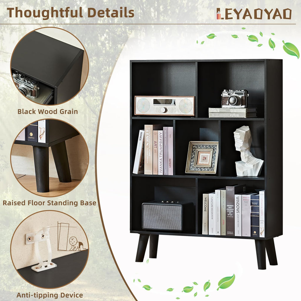 LEYAOYAO 7 Cube Bookshelf, Mid-Century Modern Bookcase Legs,Black Wooden Book Shelves, Wood 3-Tier Freestanding Storage Organizer Display Shelf for Bedroom,Living Room,Office