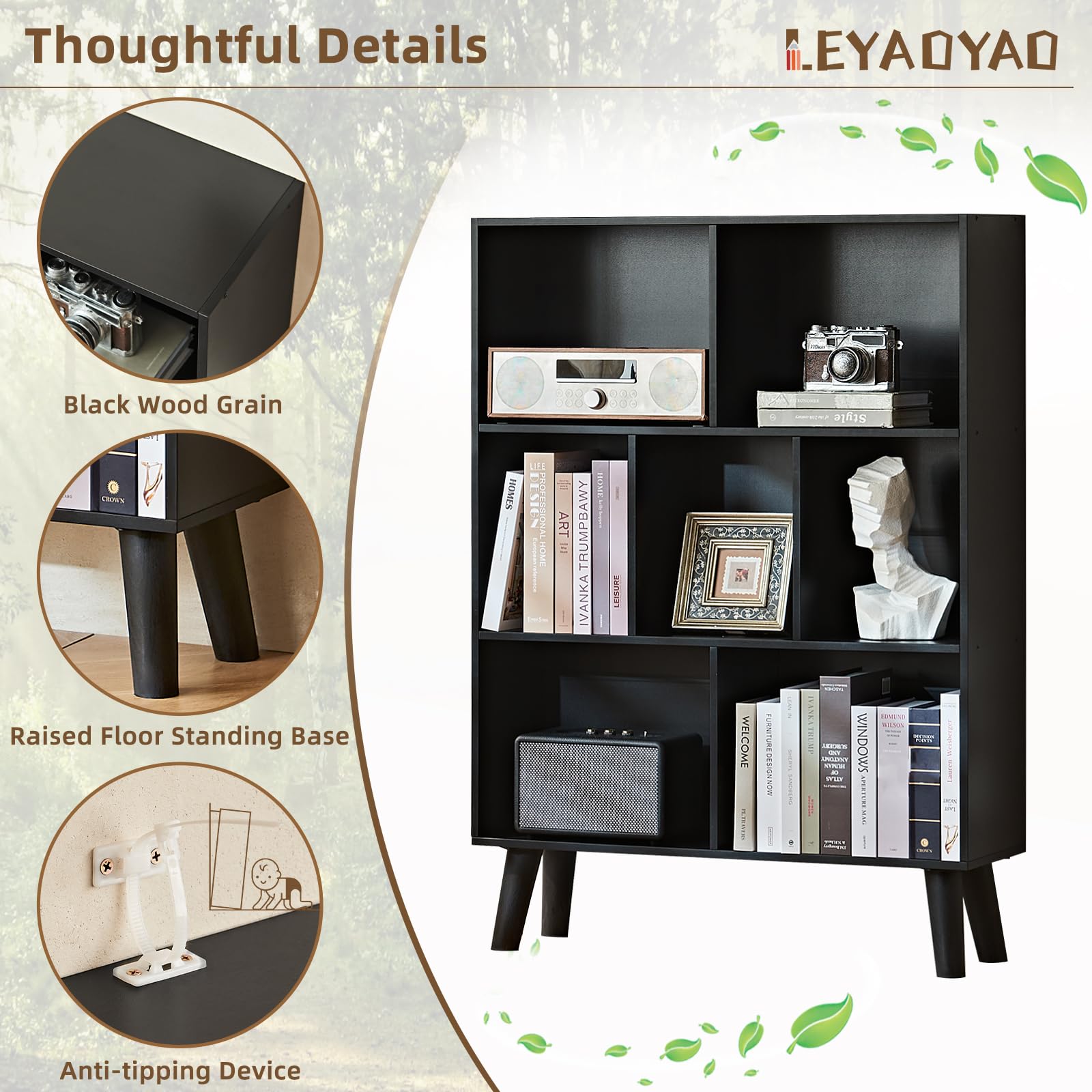 LEYAOYAO 7 Cube Bookshelf, Mid-Century Modern Bookcase Legs,Black Wooden Book Shelves, Wood 3-Tier Freestanding Storage Organizer Display Shelf for Bedroom,Living Room,Office