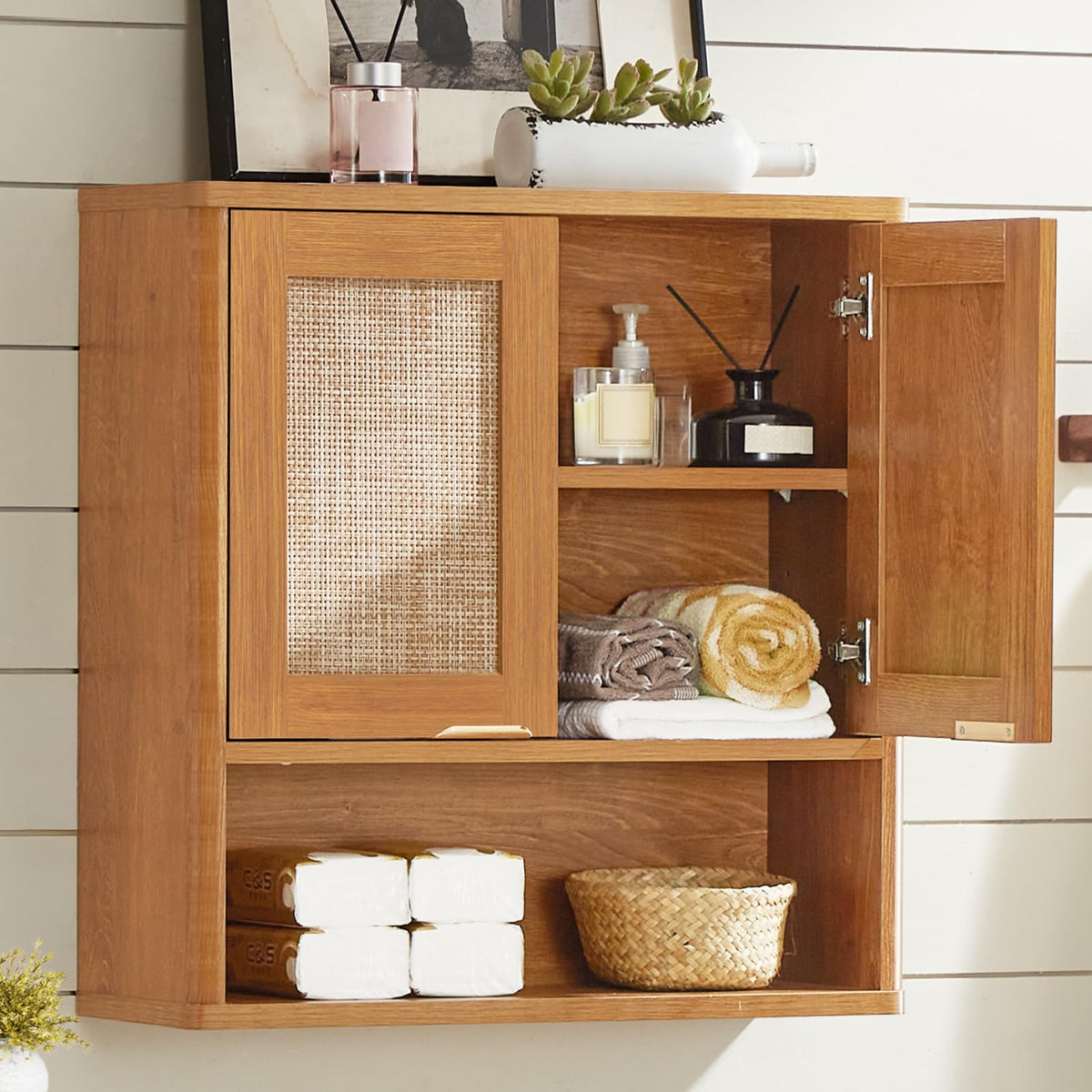 LEYAOYAO 68" Boho Over the Toilet Storage Cabinet with Rattan Sliding Door