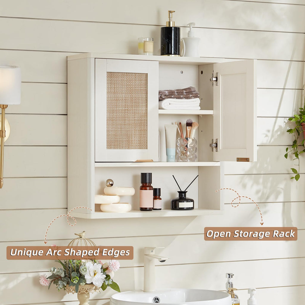 Lerliuo Rattan Bathroom Wall Cabinet, Boho Natural Medicine Cabinet with Adjustable Wood Shelf, 2 Doors Over The Toilet Storage Cabinets for Laundry Room, Kitchen, Living Room