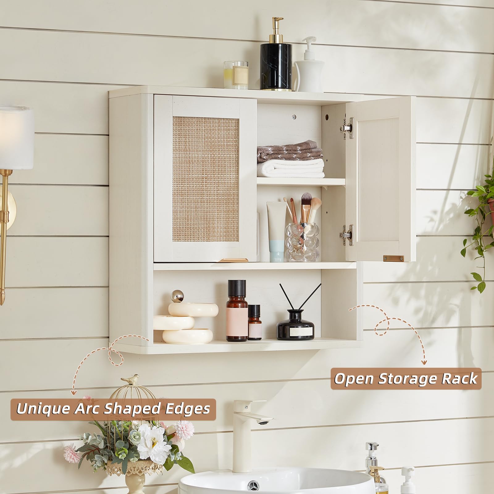 Lerliuo Rattan Bathroom Wall Cabinet, Boho Natural Medicine Cabinet with Adjustable Wood Shelf, 2 Doors Over The Toilet Storage Cabinets for Laundry Room, Kitchen, Living Room