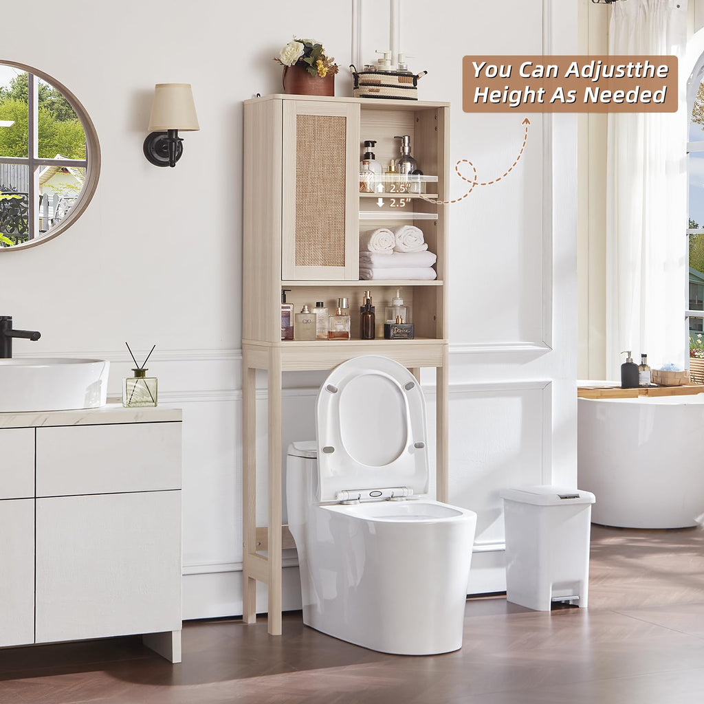 LEYAOYAO 68" Boho Over the Toilet Storage Cabinet with Rattan Sliding Door