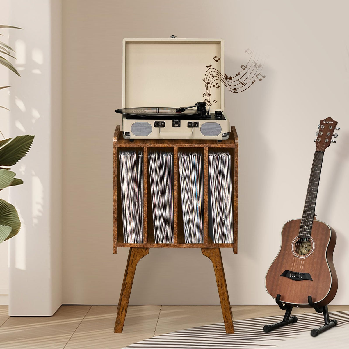 Lerliuo Record Player Stand with Storage Holds Up to 80 Albums, Turntable Stand with Beech Wood Legs, Mid-Century Record Player Table,Black Vinyl Holder Display Shelf for Bedroom Living Room