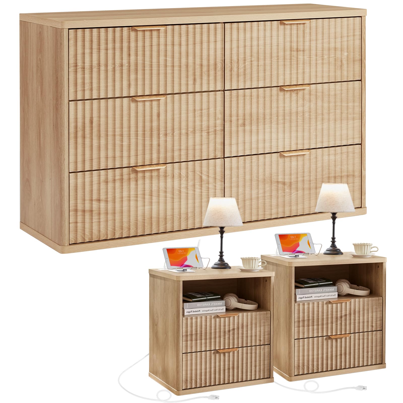 LEYAOYAO 48" Wide Fluted Dresser and 1 Drawers 23" Nightstand Set of 2, Wooden Dresser & Night Stand with Charging Station, 3 Piece Bedroom Furniture Set, Chest of Drawer for Living Room,Antique White