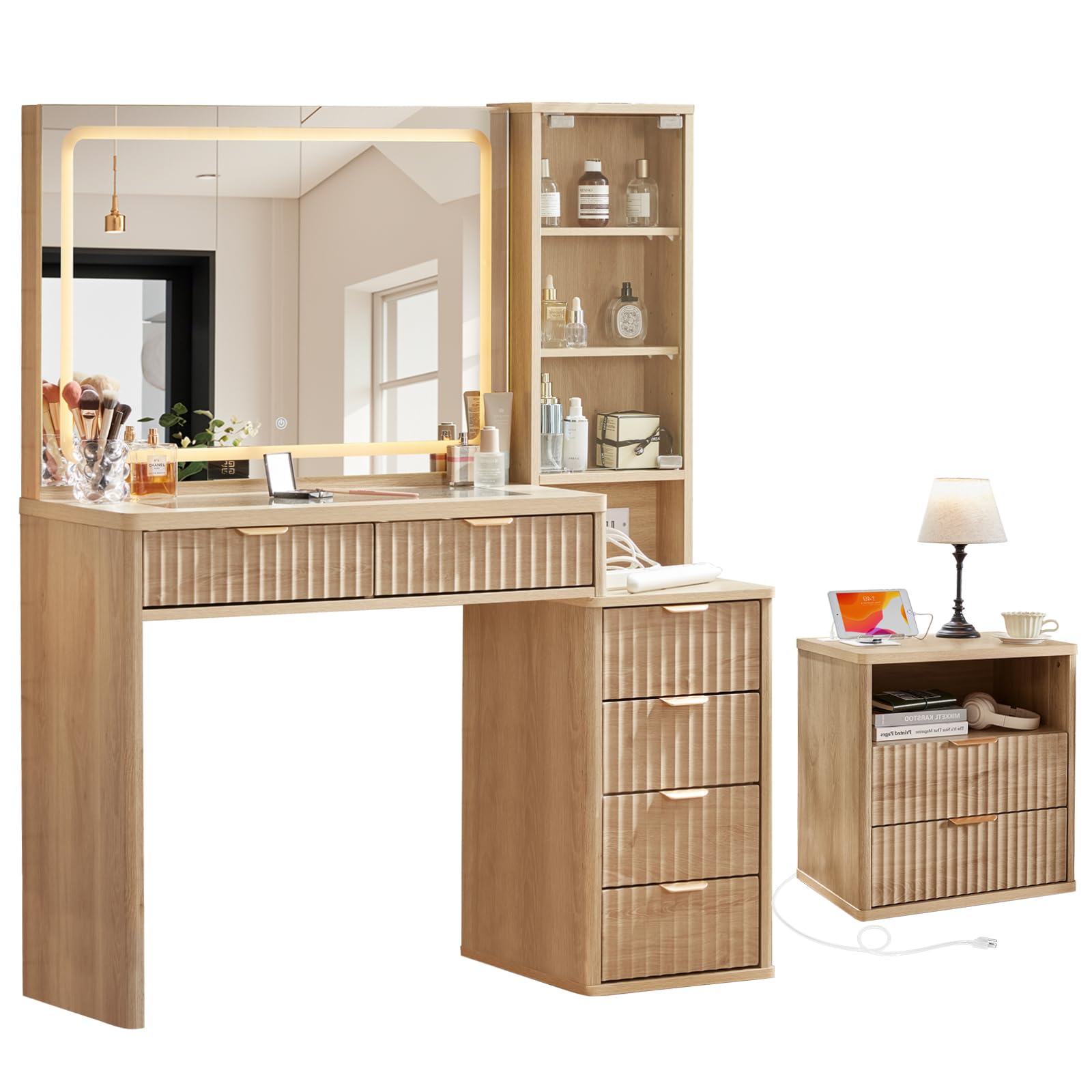 LEYAOYAO Vanity Mirror with Lights and Night Stand Sets, 43.5" Fluted Makeup Vanity with 6 Drawers and Power Outlet, 3 Drawers 23" End Side Table, Natural Wood Makeup Table Bedroom Furniture Set of 2