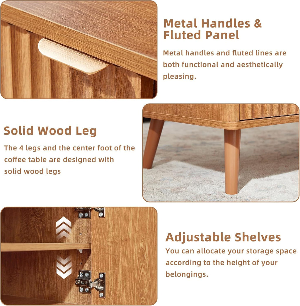 LEYAOYAO Fluted Lift Top Coffee Table and Night Stand Set,Wood 48" Wide Center Tables & 23" with Charging Station Chest of Drawers,Farmhouse Living Room Suites for Bedroom Home,Brown