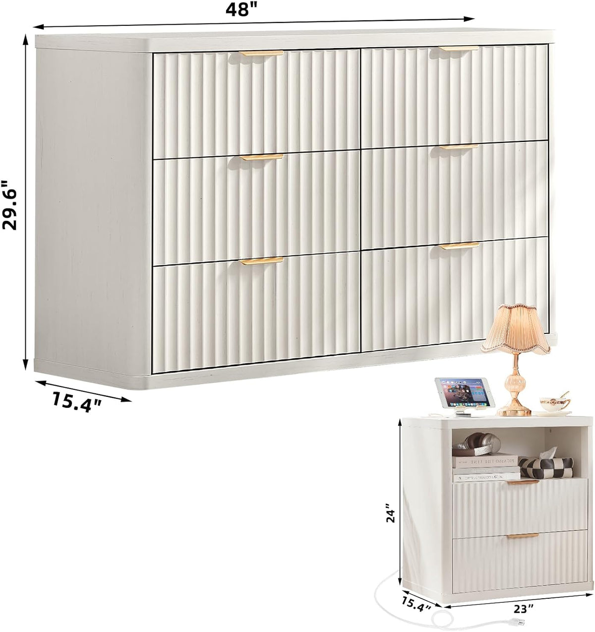 LEYAOYAO Fluted Dresser and 2 Drawers Nightstand Set of 2, Wood 48" Wide Dresser & 23" Night Stand with Charging Station, 3 Piece Bedroom Furniture Set, Chest of Drawers for Living Room,Antique White
