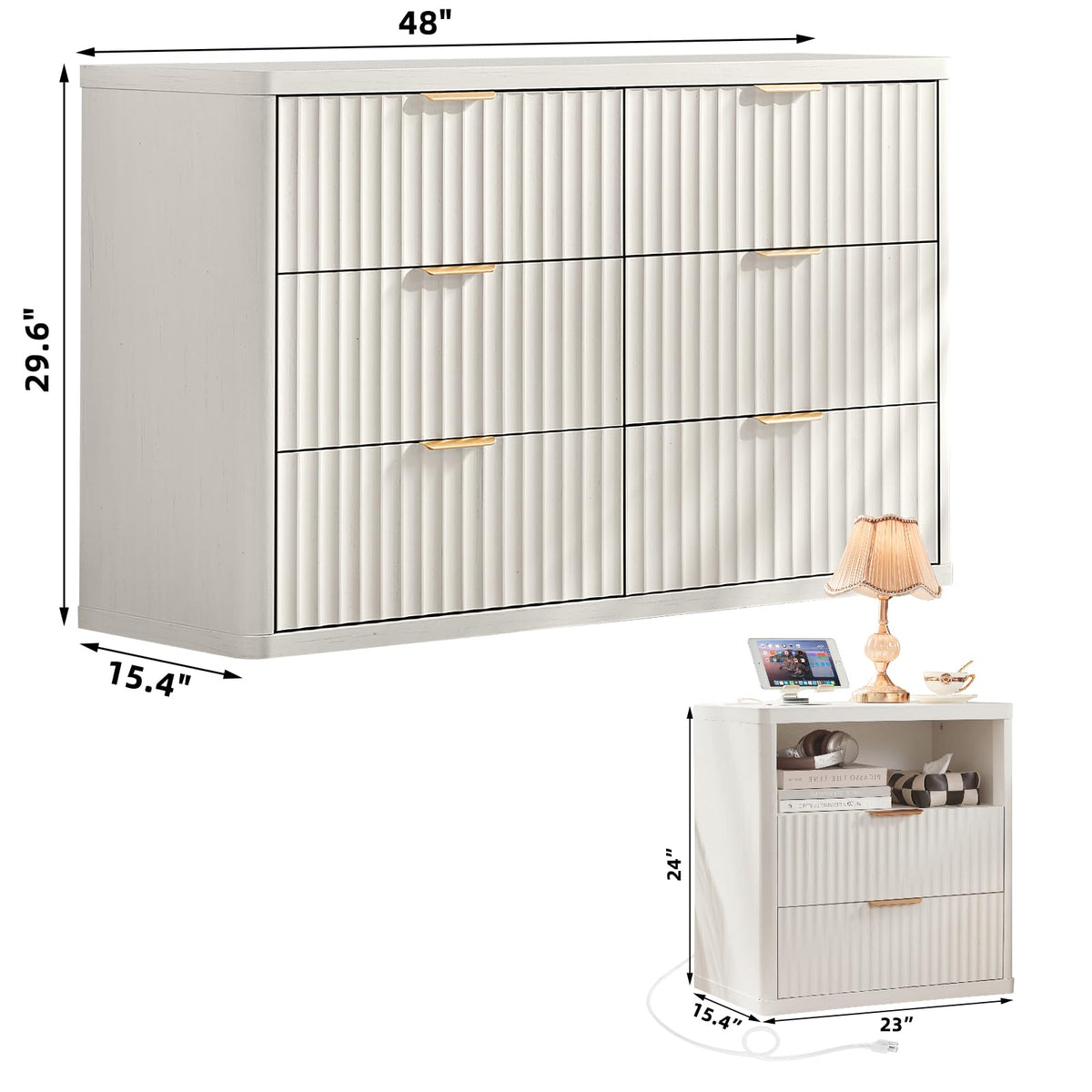 LEYAOYAO Fluted Dresser and 2 Drawers Nightstand Set of 2, Wood 48" Wide Dresser & 23" Night Stand with Charging Station, 3 Piece Bedroom Furniture Set, Chest of Drawers for Living Room,Antique White