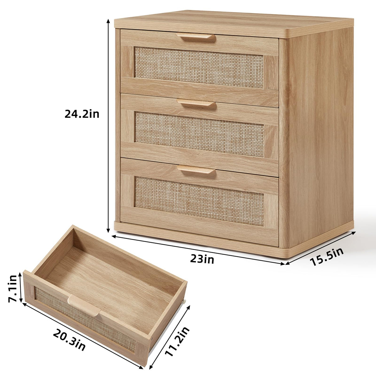 Lerliuo Rattan NightStand with Charger Station, 23" Wide Boho Bedside Table with Drawers, Natural Wood Night Stand Open Storage Cabinet, Bed Side End Table Dresser for Living Room, Hallway, Bedroom