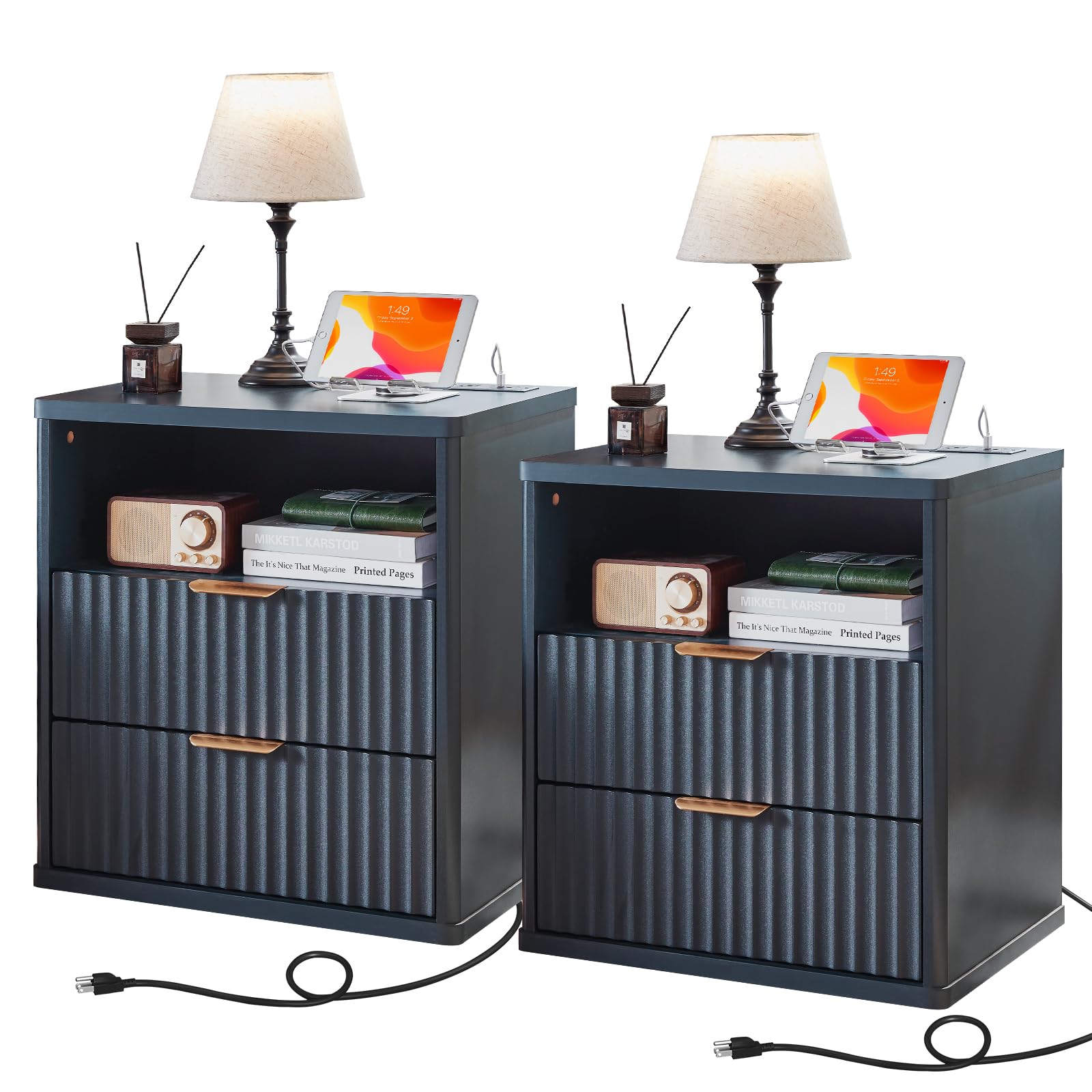Lerliuo Fluted Nightstand with Charging Station, 23" Wide 2 Drawers End Table, Blue Night Stand with Open Storage Cabinet, Farmhouse Bed Side Tables, Wood Dresser for Bedroom