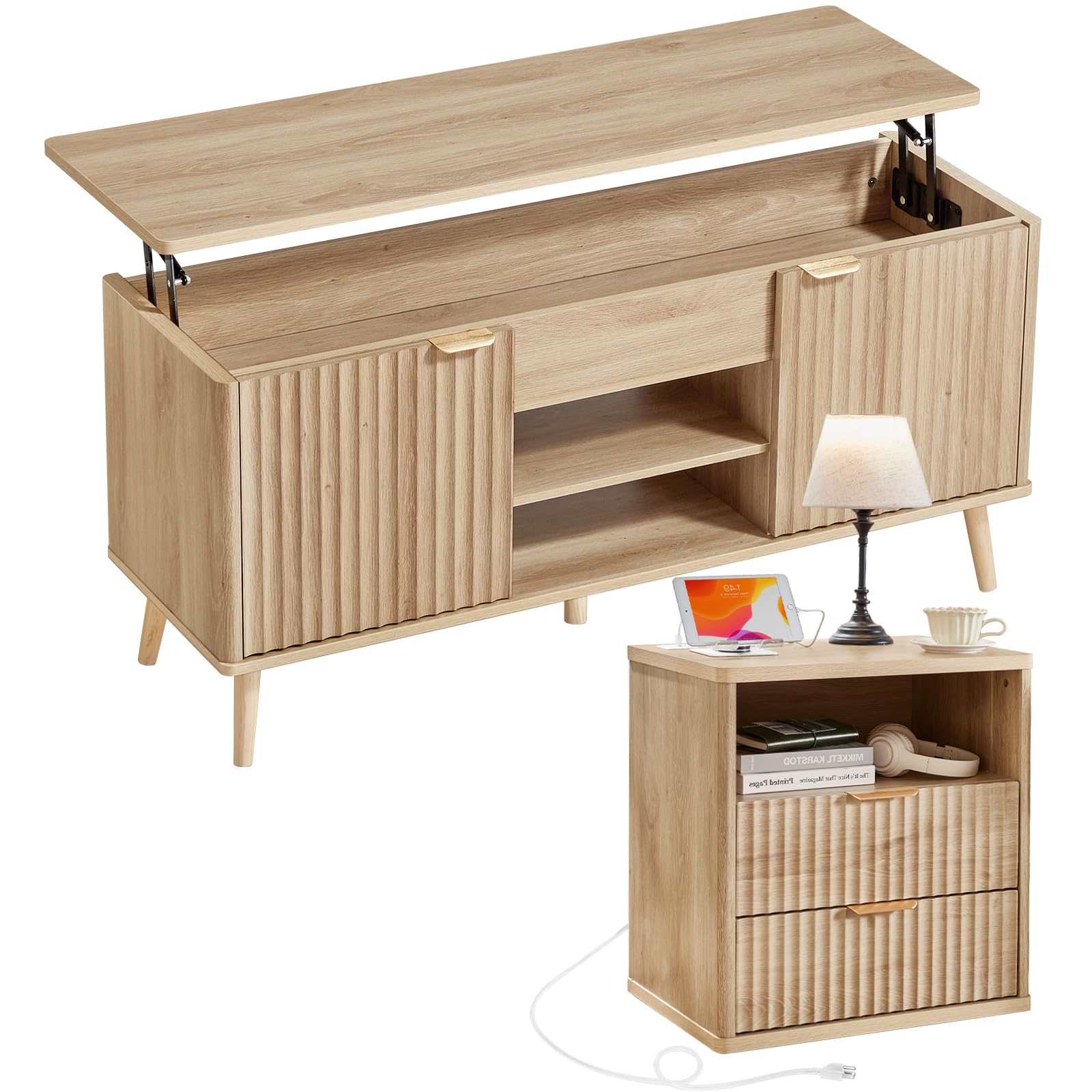 LEYAOYAO Fluted Lift Top Coffee Table and Night Stand Set,Wood 48" Wide Center Tables & 23" with Charging Station Chest of Drawers,Farmhouse Living Room Suites for Bedroom Home,Brown