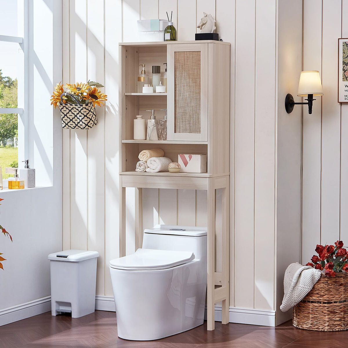 LEYAOYAO 68" Boho Over the Toilet Storage Cabinet with Rattan Sliding Door