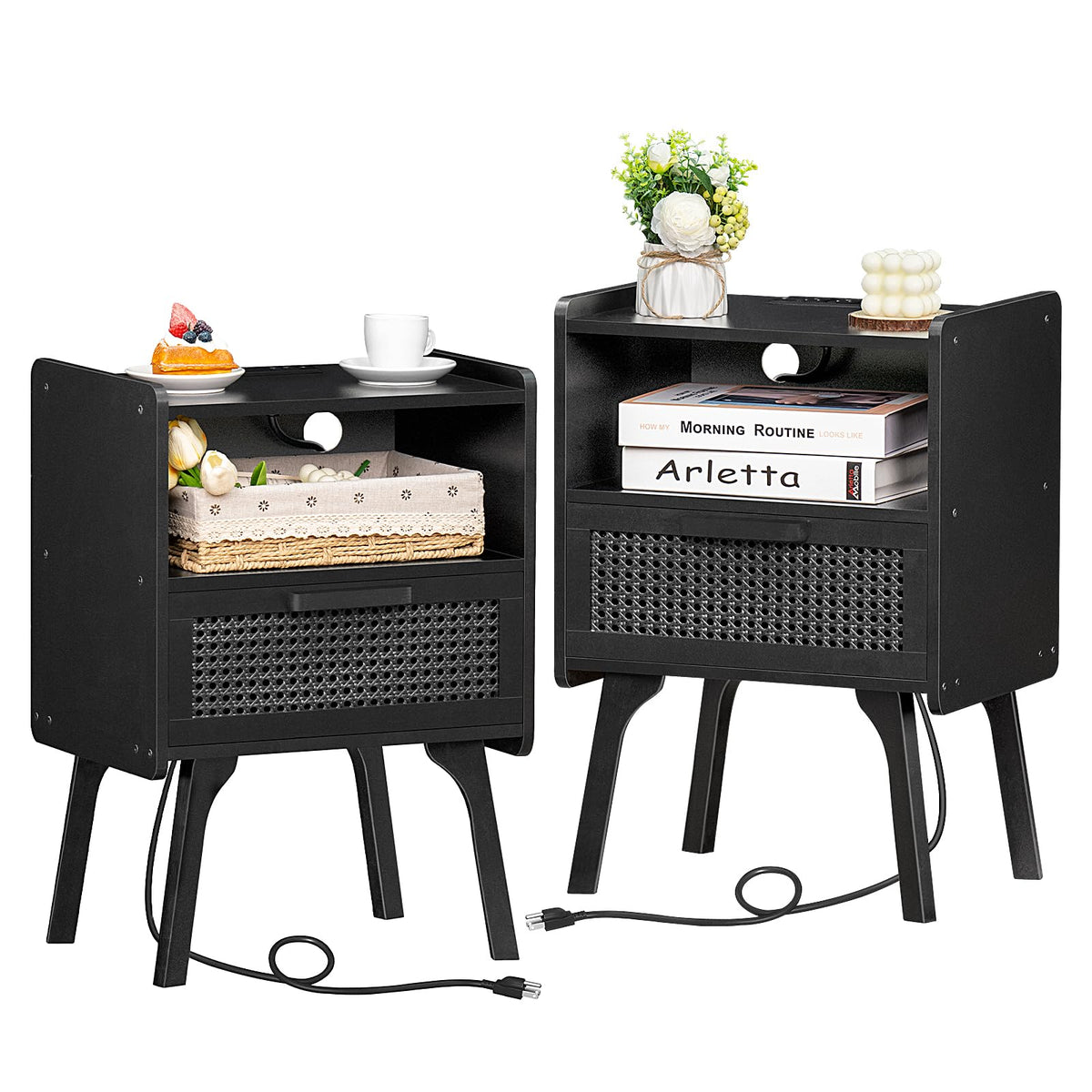 Lerliuo Rattan Nightstand with Charging Station, Boho Night Stand