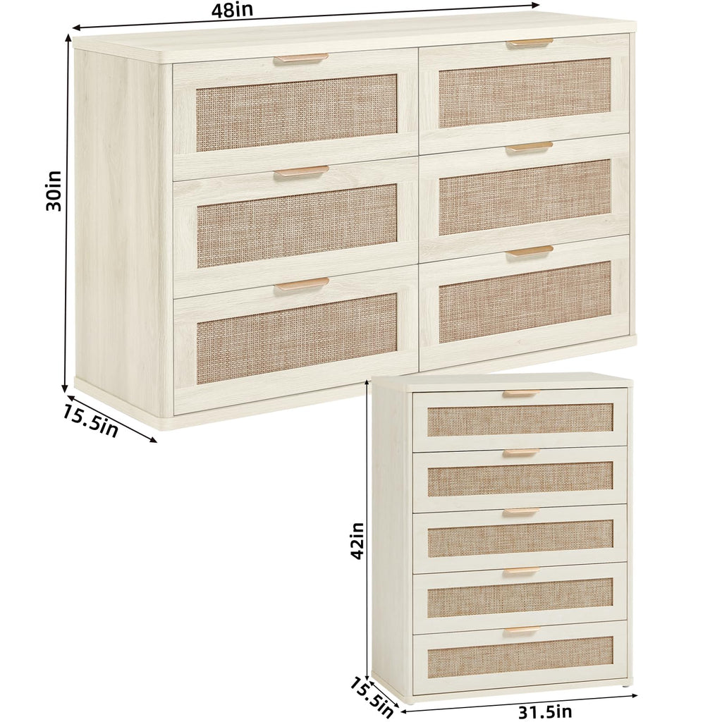 LEYAOYAO Rattan Bedroom Dresser Set of 2, Boho Wood 48" Wide 6 Drawers Dresser for Bedroom and 31.5" Tall 5 Drawers Dressers, Bedrooms Furniture, Dressers & Chests of Drawers, Living Room, Hallway