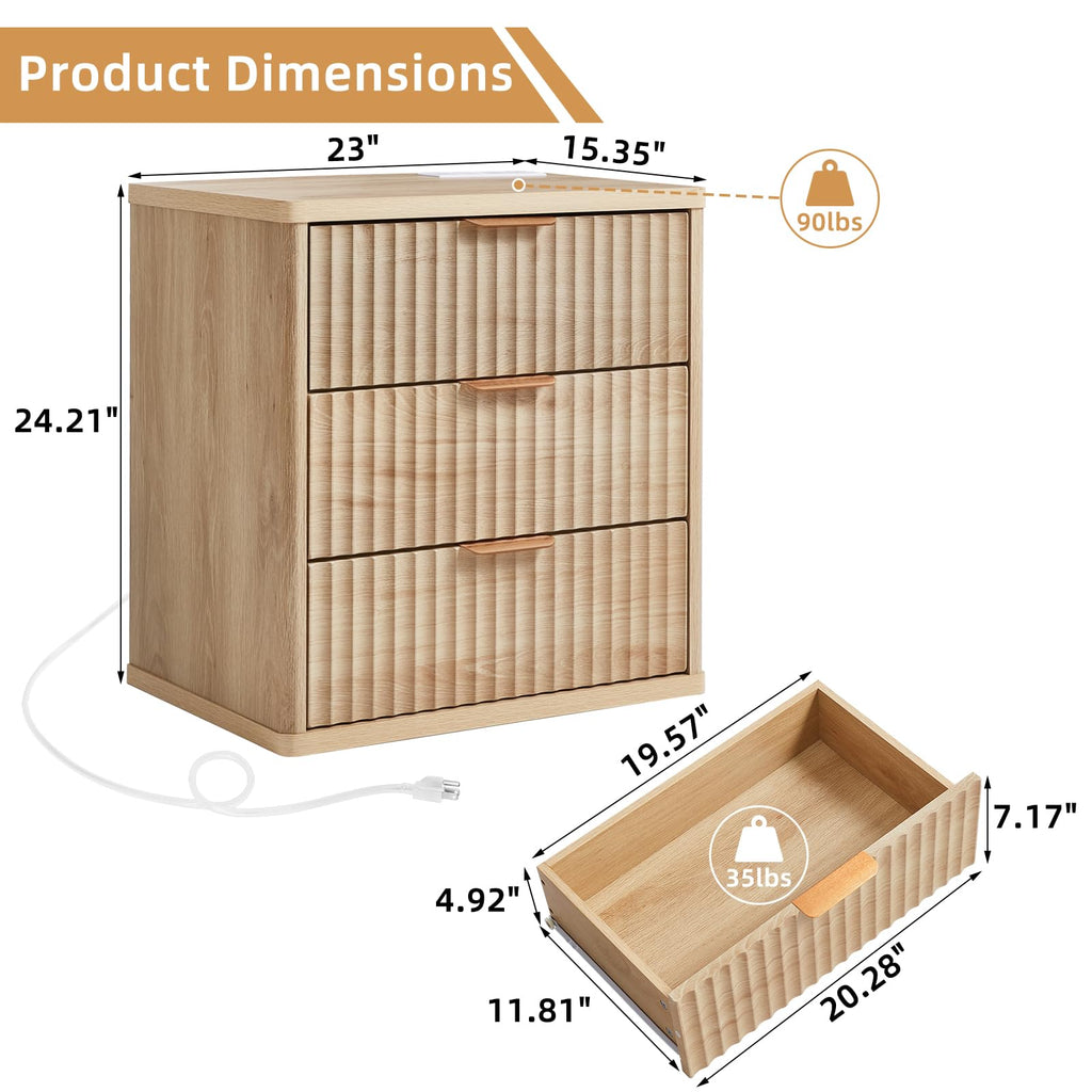 LEYAOYAO Vanity Mirror with Lights and Night Stand Sets, 43.5" Fluted Makeup Vanity with 6 Drawers and Power Outlet, 3 Drawers 23" End Side Table, Natural Wood Makeup Table Bedroom Furniture Set of 2