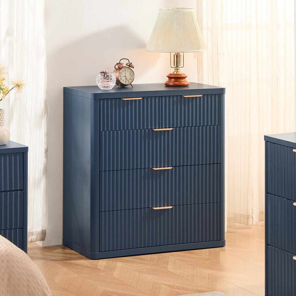 LEYAOYAO Fluted 5 Drawers Dresser for Bedroom, 41" Tall Modern Chest of Drawers with Metal Handle, Curved Profile Design,Natural Wood Drawer Organizer for Bedroom, Living Room, Hallway, Entryway